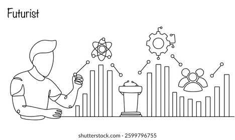 An expert drawn with a continuous line who predicts future events in science, technology, politics, and society by analyzing current data. The work of a futurologist. Vector illustration.