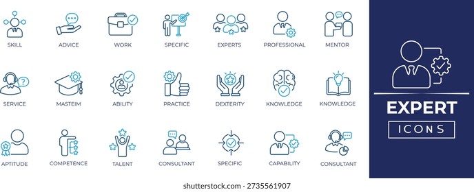 Expert Editable line icon set for professional skills, consulting services, authority roles, business expertise and decision-making visuals.
