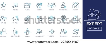 Expert Editable line icon set for professional skills, consulting services, authority roles, business expertise and decision-making visuals.