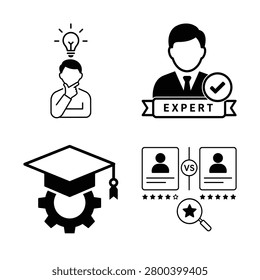 Expert education icon set with idea person, expert banner, graduation cap gear, and profile comparison review in black and white vector style