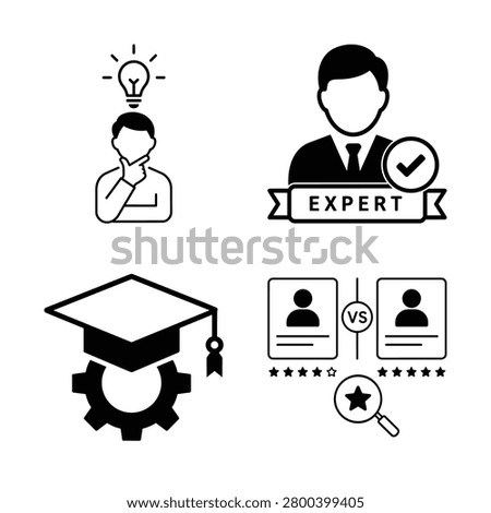 Expert education icon set with idea person, expert banner, graduation cap gear, and profile comparison review in black and white vector style