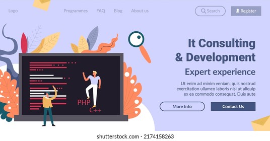 Expert experience, IT consulting and development. Employees working on project, marketing and cooperation for successful completion. Website landing page template, online site. Vector in flat style