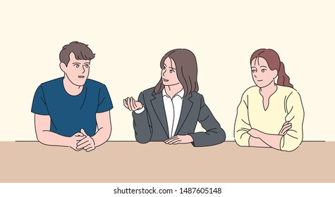 An expert is explaining to two young man and woman and they are listening. hand drawn style vector design illustrations. 