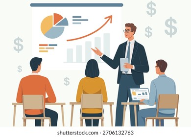 Un experto explica los datos financieros y las estrategias de crecimiento del mercado a una audiencia comprometida en un entorno de reuniones corporativas, ilustrando el progreso con gráficos detallados.