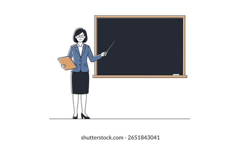 Professora Especializada Demonstra Assunto Usando Ponteiro em Quadro-negro vazio em sala de aula