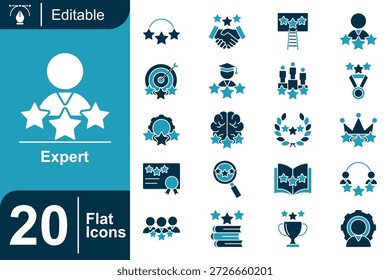 Expert-Icon-Set mit Bewertungen, Auszeichnungen, Zertifizierungen, Fähigkeiten, Leistungen und professionellen Erfolgskonzepten. Moderne Vektorsymbole, ideal für Bildung, Unternehmen und Serviceplattformen.