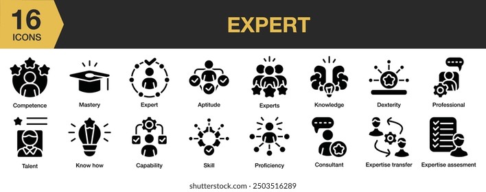 Expert Glyph icon set. Includes aptitude, capability, competence, consultant, dexterity, expert, and More. Solid icons vector collection.