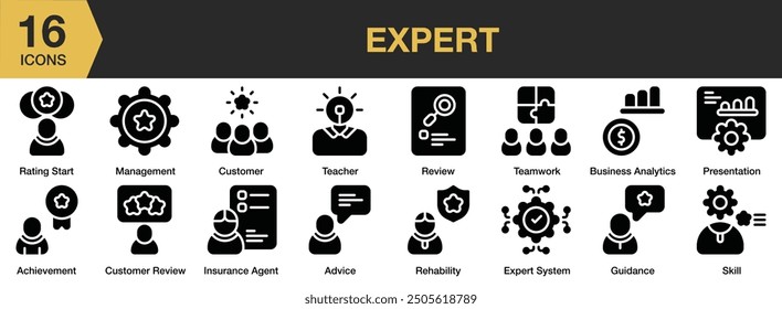 Expert Glyph icon set. Includes achievement, advice, customer review, customer, expert system, and More. Solid icons vector collection