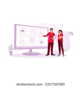 IT expert holding a laptop and explaining the system to a female server technician in the data center room. Trend Modern vector flat illustration.