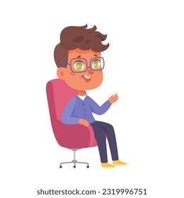 Expert or host talking on talk show or interview vector illustration. Cartoon isolated person with glasses sitting in chair to speak in front of audience on TV meeting, broadcast presentation