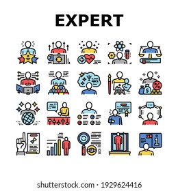 Expert Human Skills Collection Icons Set Vector. Universal And Business Expert, Lawyer And Economic, Technical And Social, Art And Medical Concept Linear Pictograms. Contour Color Illustrations