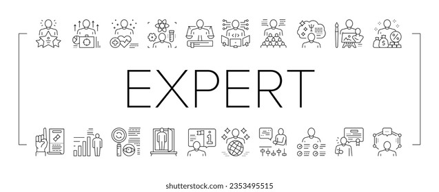 Vector de conjunto de iconos de colección de habilidades humanas de expertos. Ilustraciones Universales Y Empresariales, De Abogados Y De Contexto Económico, Técnico Y Social, De Arte Y Médico