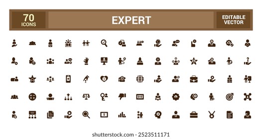 Coleção de ícones de especialistas. Competência, experiência, conhecimento, habilidade, conjunto de glifos para web e ui. Pacote de ícones preenchidos, conjunto de ícones sólidos. Ilustração vetorial.