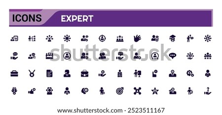 Expert icon collection. Competence, expertise, knowledge, skill, glyph set for web and ui. Filled icon pack, Solid icons set. Vector illustration.