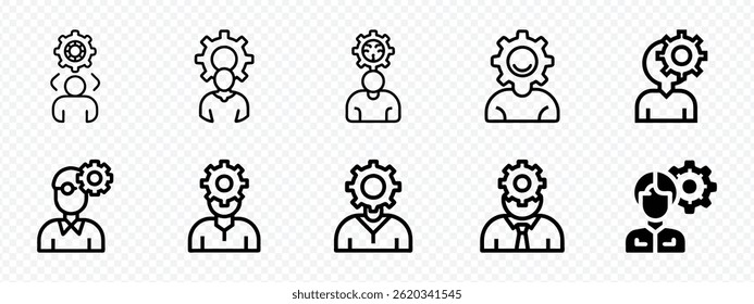 Ícone de Especialista - Uma Pessoa com uma Engrenagem como um Cérebro Representando Conhecimento, Habilidades e Especialização Técnica, conjunto de ícones especializados