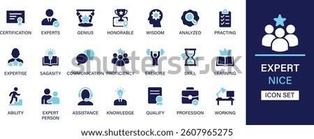 Expert icon set collection. Certification, experts, genius, honorable, wisdom,  expertise, sagacity, proficiency, ability and best solid icon set.