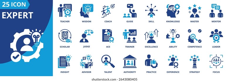 expert icon set collection in dual tone style. an icon pack contain skill, knowledge, wisdom, master, guide, coach, mentor, teacher, leader, competence