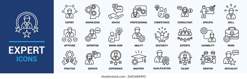 Expert icon set. Containing advice, competence, expertise, knowledge, skill, specialist, experience and more. Solid vector icons collection.