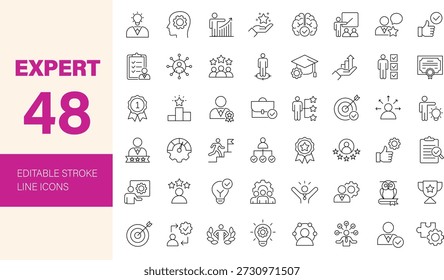 Conjunto de iconos de experto. Conteniendo competencia, experiencia, especialista, habilidad, aptitud, habilidad, know-how, profesional y más. Iconos de línea editables. Ilustración vectorial.