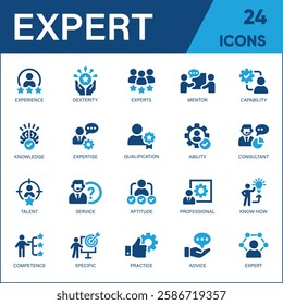 Expert Icon Set – A Diverse Collection of Advice, Competence, Expertise, Knowledge, Skills, Specialists, Experience, and More Solid Vector Icons.