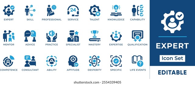 Expert Icon Set. Features editable icons for expertise, knowledge, skill, ability, mentor, consultant, specialist, know-how and more. Perfect for business, education, and career-related designs.