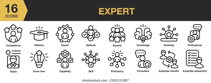 Expert icon set. Includes know how, knowledge, mastery, professional, skill, talent, and More. Outline icons vector collection.