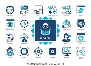 Conjunto de iconos de IT Expert. Configuración, Red de equipos, Personalización, Software, Mantenimiento remoto, Asistencia, Clientes, Desarrollo de aplicaciones. Iconos sólidos de color Duotone