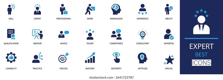 Expert icon set. This collection features high-quality, solid vector icons symbolizing expertise, skill, knowledge, mastery, professionalism, and experience. Ideal for mentors, and specialists.