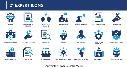 Expert icons pack in solid style representing consulting, certification, mentorship, performance, strategy, technical skills, and reputation score.