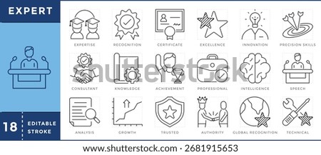 Expert icons set. Expertise, recognition, certificate, excellence, innovation, ambition, speech, technical, and many more. Vector editable stroke.