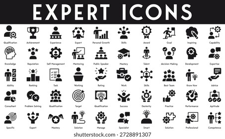 Expert Icons setzen Vektorgrafik mit Sammlung von Kompetenz Qualifikation professionelle Lösung Spezialist Lösung Meisterschaft Experte spezifische Performance Praxis Erfolgserlebnis
