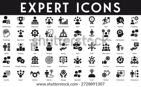 Expert Icons set vector illustration with collection of competence qualification professional solution specialist solution mastery expert specific performance practice success experience