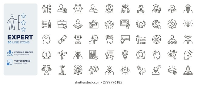 Expert icons. Skills, qualifications, certification and professional expertise thin line icon set. Editable stroke vector illustrations.
