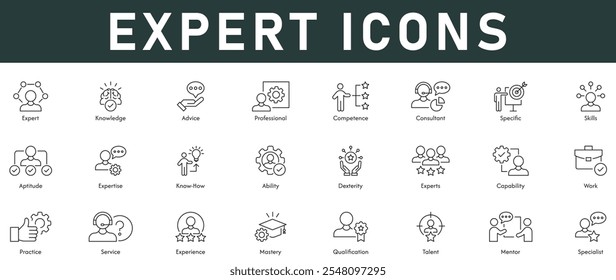 La Ilustración vectorial de iconos expertos con trazo editable de línea delgada contiene asesoramiento de conocimiento competencia profesional habilidad habilidad habilidad habilidad trabajo práctica servicio experiencia talento