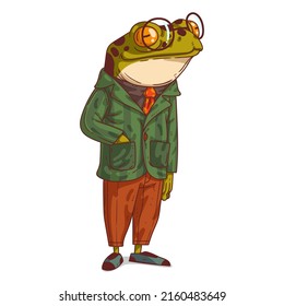 The Expert, isolated vector illustration. Calm trendy dressed anthropomorphic frog wearing spectacles with his hand in the jacket's pocket. Humanized toad. An animal character with a human body