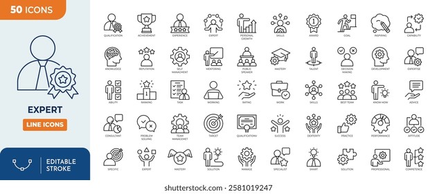 Expert line editable icon set. Containing competence, expertise, knowledge, skill, specialist, experience, advice, and more.
