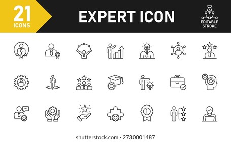 Symbolsatz für Expertenzeile. Set von 21 Grundrisssymbolen, die sich auf Fähigkeiten, Experten, Talente, Expertise, Spezialisten, Erfahrung, Denken und andere beziehen. Bearbeitbarer Strich. Vektorgrafik.