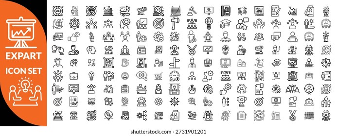 Symbolsatz für Expertenzeile. Set von 30 Gliederungssymbolen in Bezug auf Talent, Geschicklichkeit, Eignung, Spezialist, Denken, Expertise, Experte und andere. Bearbeitbarer Strich. Vektorgrafik