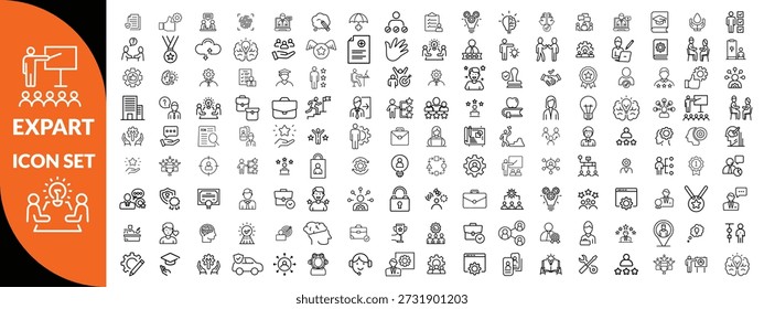 Symbolsatz für Expertenzeile. Set von 30 Gliederungssymbolen in Bezug auf Talent, Geschicklichkeit, Eignung, Spezialist, Denken, Expertise, Experte und andere. Bearbeitbarer Strich. Vektorgrafik