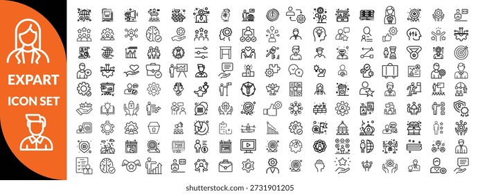 Symbolsatz für Expertenzeile. Set von 30 Gliederungssymbolen in Bezug auf Talent, Geschicklichkeit, Eignung, Spezialist, Denken, Expertise, Experte und andere. Bearbeitbarer Strich. Vektorgrafik