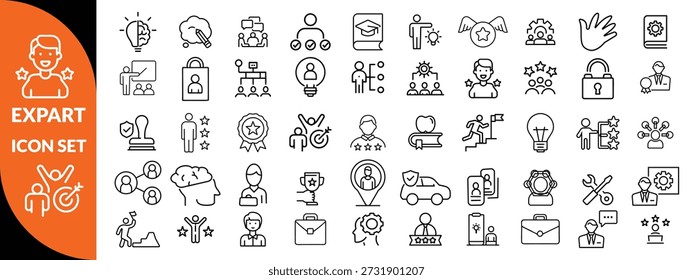 Symbolsatz für Expertenzeile. Set von 30 Gliederungssymbolen in Bezug auf Talent, Geschicklichkeit, Eignung, Spezialist, Denken, Expertise, Experte und andere. Bearbeitbarer Strich. Vektorgrafik