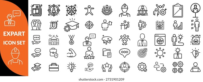 Symbolsatz für Expertenzeile. Set von 30 Gliederungssymbolen in Bezug auf Talent, Geschicklichkeit, Eignung, Spezialist, Denken, Expertise, Experte und andere. Bearbeitbarer Strich. Vektorgrafik