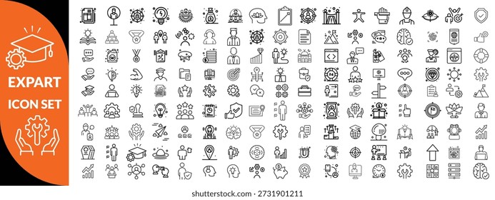 Symbolsatz für Expertenzeile. Set von 30 Gliederungssymbolen in Bezug auf Talent, Geschicklichkeit, Eignung, Spezialist, Denken, Expertise, Experte und andere. Bearbeitbarer Strich. Vektorgrafik