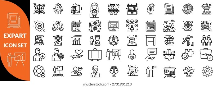 Symbolsatz für Expertenzeile. Set von 30 Gliederungssymbolen in Bezug auf Talent, Geschicklichkeit, Eignung, Spezialist, Denken, Expertise, Experte und andere. Bearbeitbarer Strich. Vektorgrafik