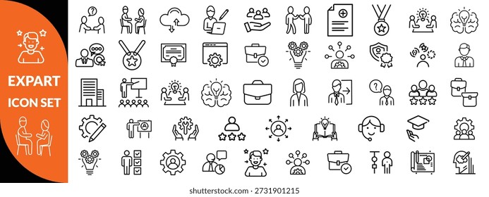 Symbolsatz für Expertenzeile. Set von 30 Gliederungssymbolen in Bezug auf Talent, Geschicklichkeit, Eignung, Spezialist, Denken, Expertise, Experte und andere. Bearbeitbarer Strich. Vektorgrafik