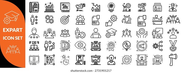 Symbolsatz für Expertenzeile. Set von 30 Gliederungssymbolen in Bezug auf Talent, Geschicklichkeit, Eignung, Spezialist, Denken, Expertise, Experte und andere. Bearbeitbarer Strich. Vektorgrafik