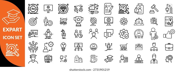 Symbolsatz für Expertenzeile. Set von 30 Gliederungssymbolen in Bezug auf Talent, Geschicklichkeit, Eignung, Spezialist, Denken, Expertise, Experte und andere. Bearbeitbarer Strich. Vektorgrafik