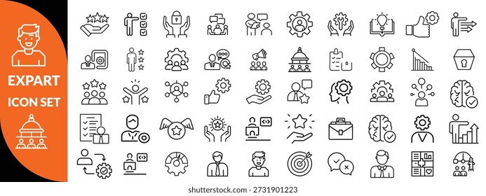 Symbolsatz für Expertenzeile. Set von 30 Gliederungssymbolen in Bezug auf Talent, Geschicklichkeit, Eignung, Spezialist, Denken, Expertise, Experte und andere. Bearbeitbarer Strich. Vektorgrafik