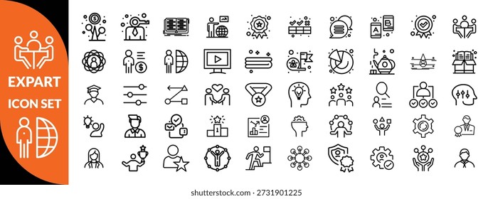 Symbolsatz für Expertenzeile. Set von 30 Gliederungssymbolen in Bezug auf Talent, Geschicklichkeit, Eignung, Spezialist, Denken, Expertise, Experte und andere. Bearbeitbarer Strich. Vektorgrafik