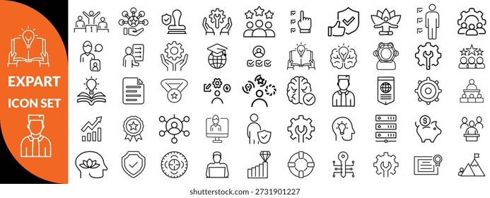 Symbolsatz für Expertenzeile. Set von 30 Gliederungssymbolen in Bezug auf Talent, Geschicklichkeit, Eignung, Spezialist, Denken, Expertise, Experte und andere. Bearbeitbarer Strich. Vektorgrafik